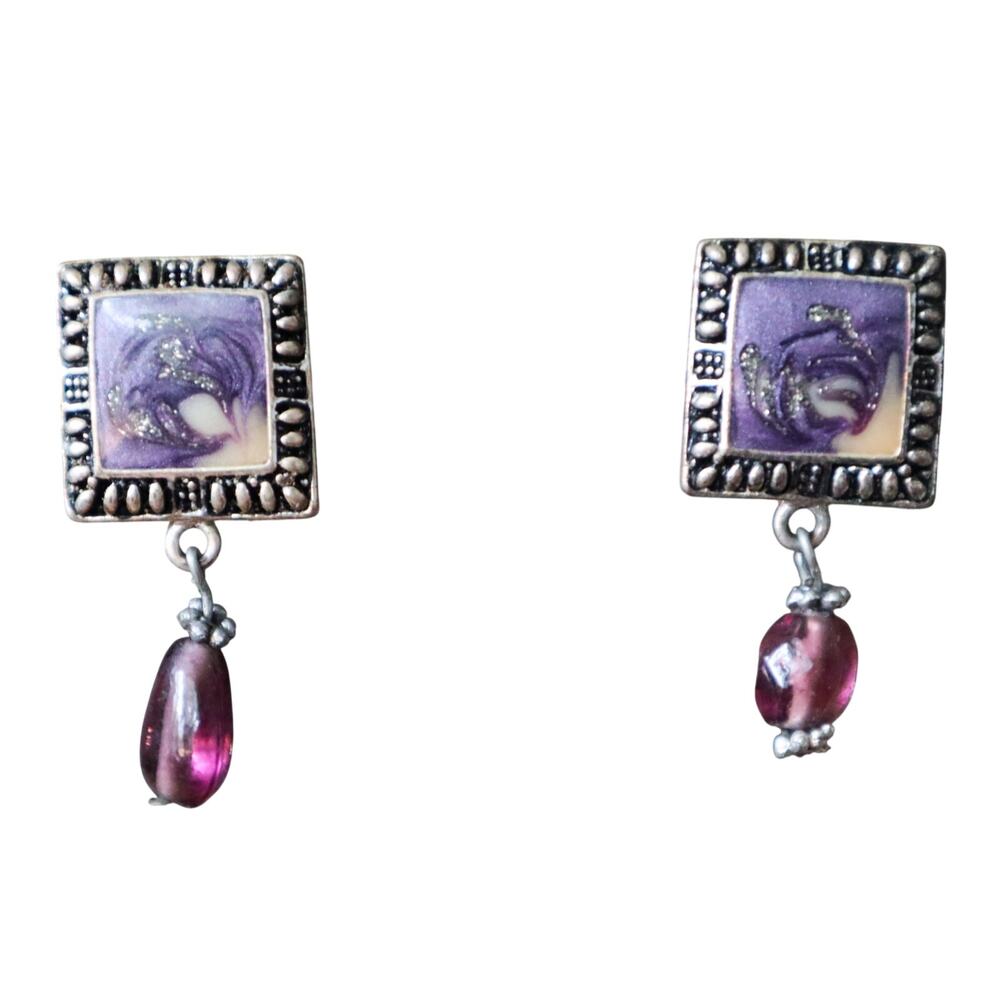 Vintage Purple and Silver Square Dangle Earrings Dragon Teardrop Bead Clip on